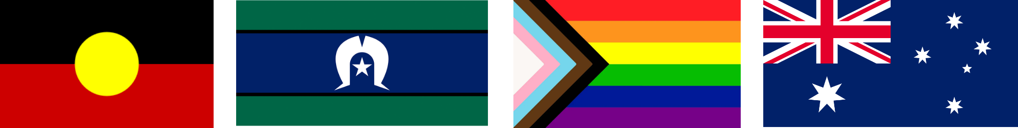 Aboriginal flag, Torres Strait Islander flag, LGBTQI+ flag, Australian Flag